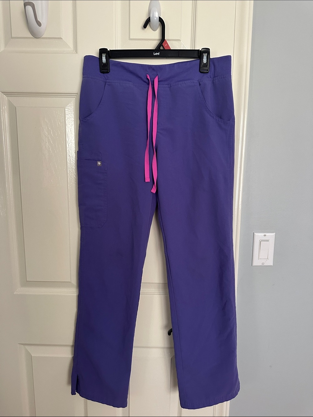 Women’s Purple Drawstring Cargo Scrub Pants with Pink Waist Tie